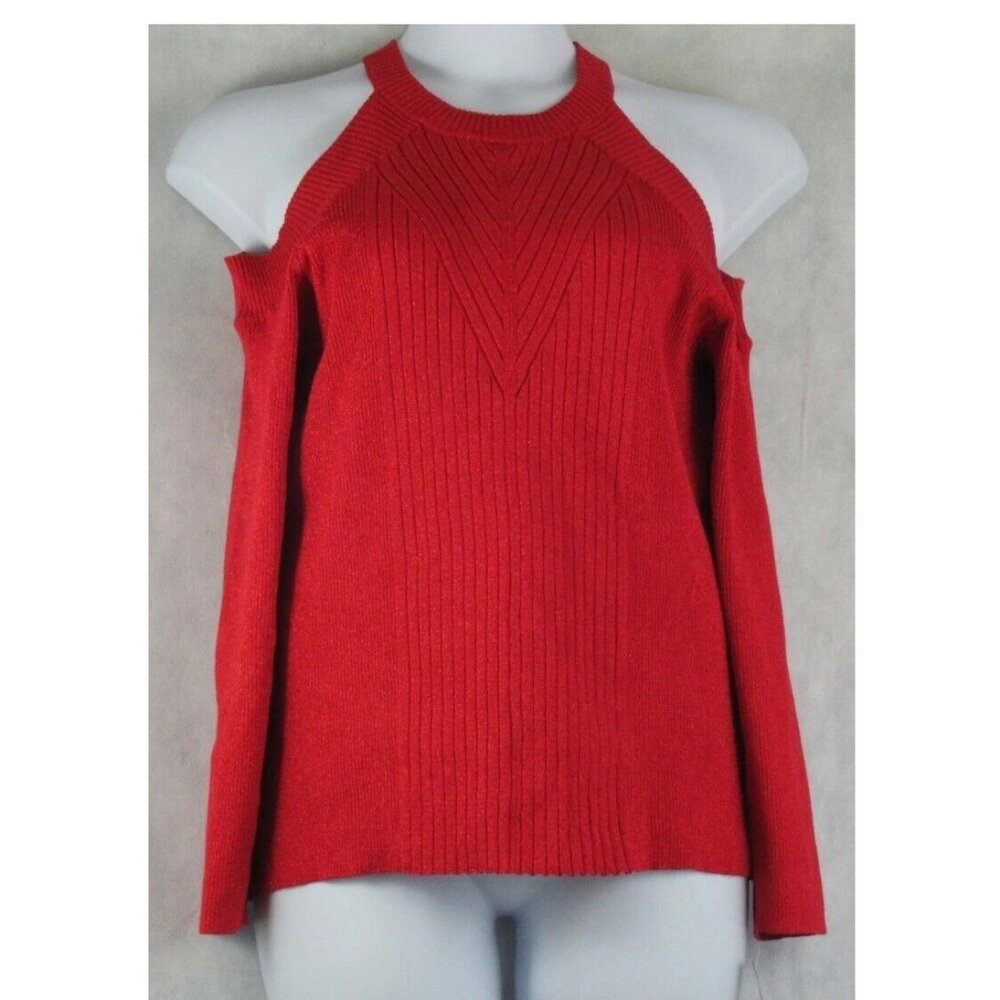 INC Women's Plus Size Metallic Shine Cold-Shoulder Sweater, Real Red, 1X